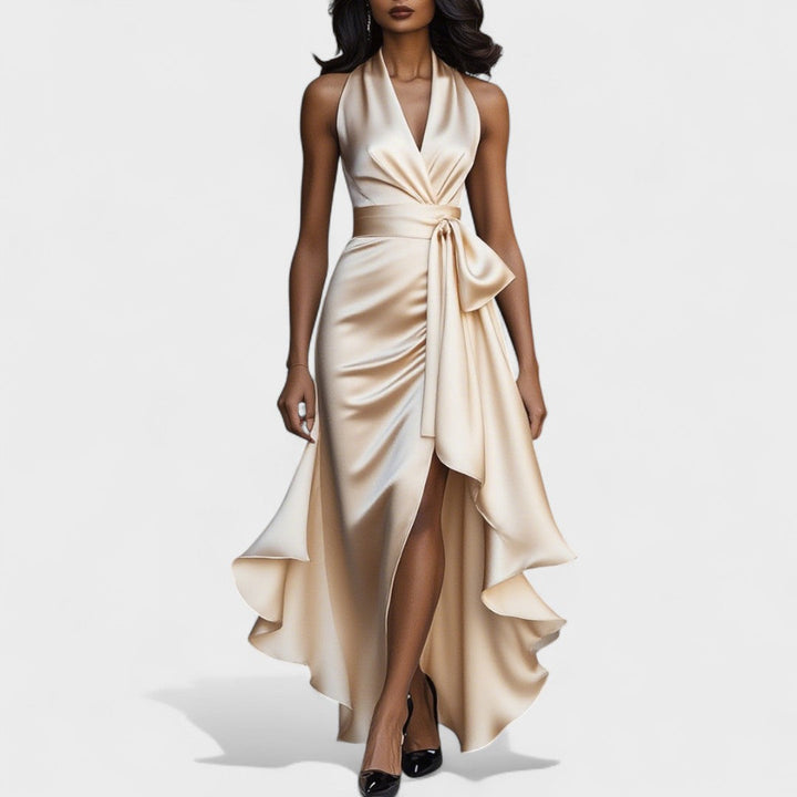 Ема - Сатенена рокля с волани за официални поводи