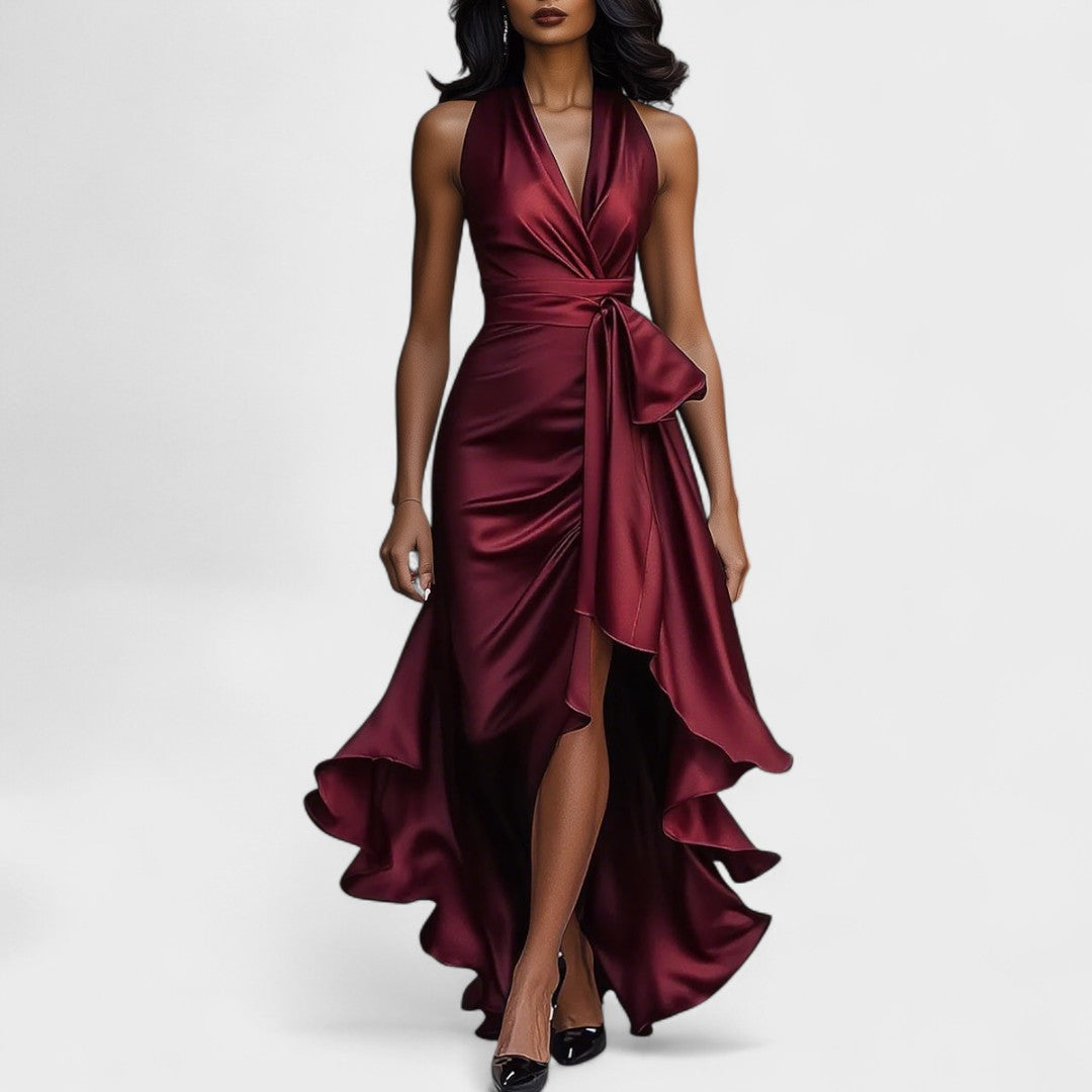 Ема - Сатенена рокля с волани за официални поводи