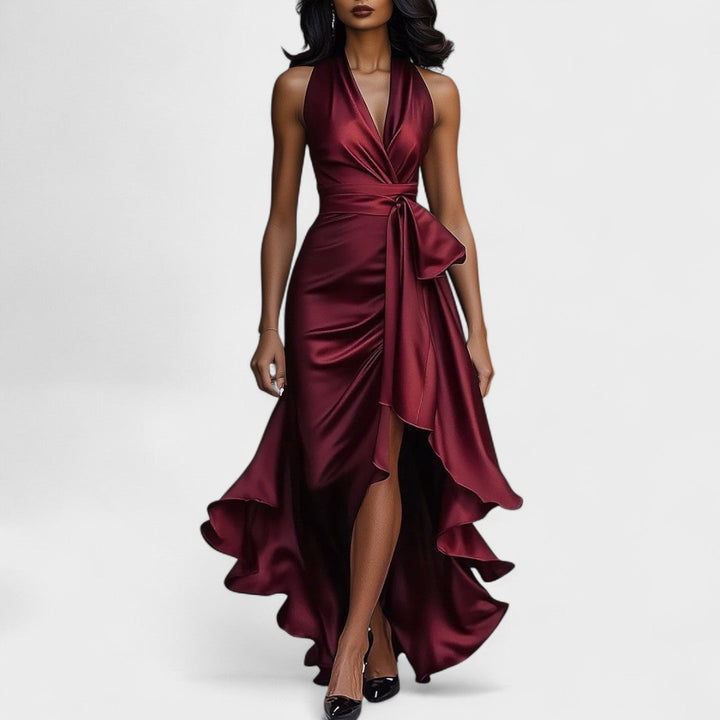 Ема - Сатенена рокля с волани за официални поводи