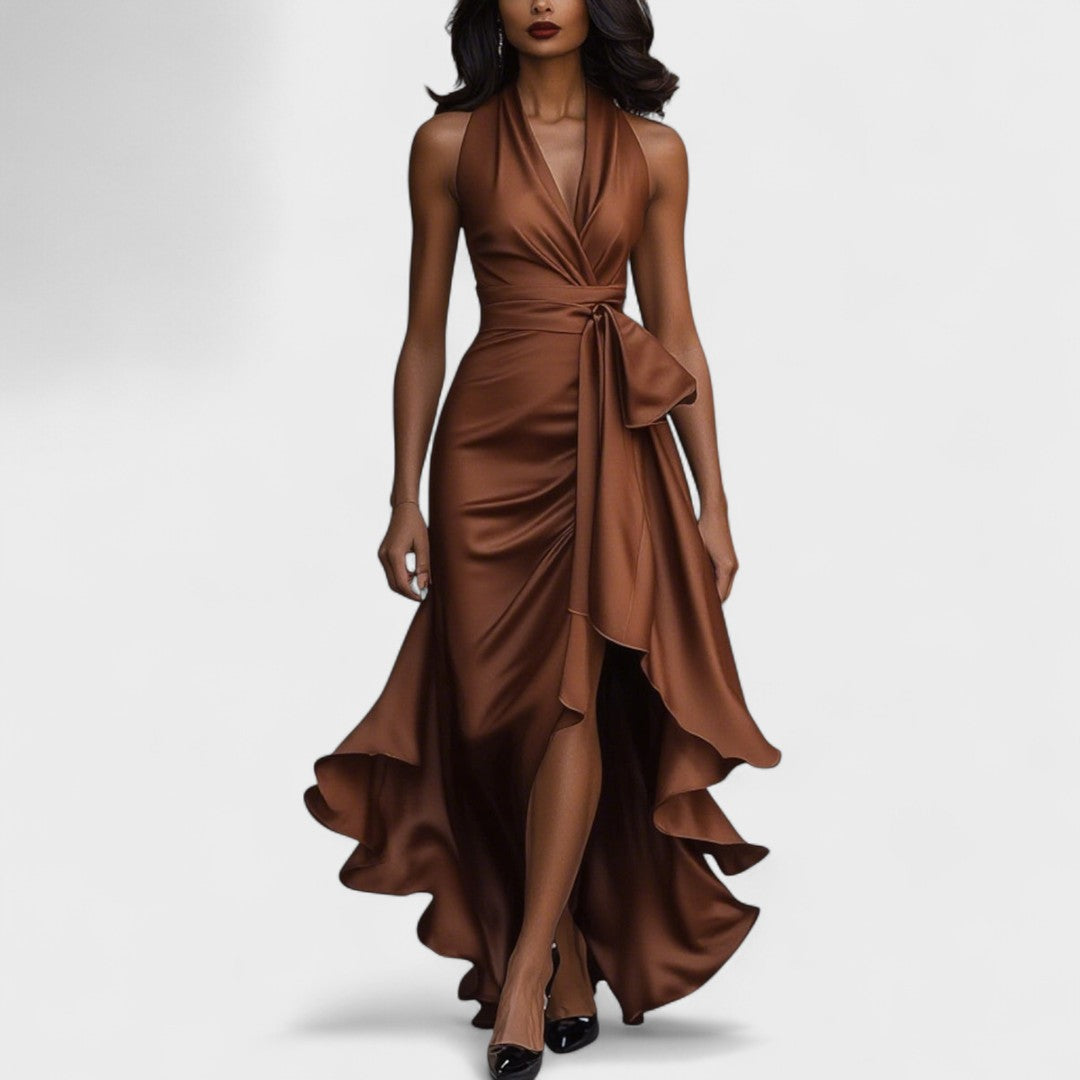 Ема - Сатенена рокля с волани за официални поводи