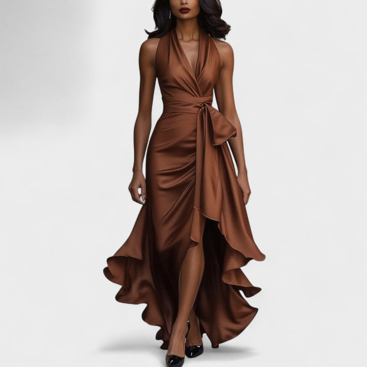 Ема - Сатенена рокля с волани за официални поводи