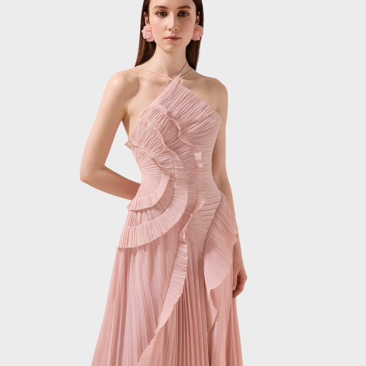 Ема - Стилна дълга рокля с волани за специални поводи