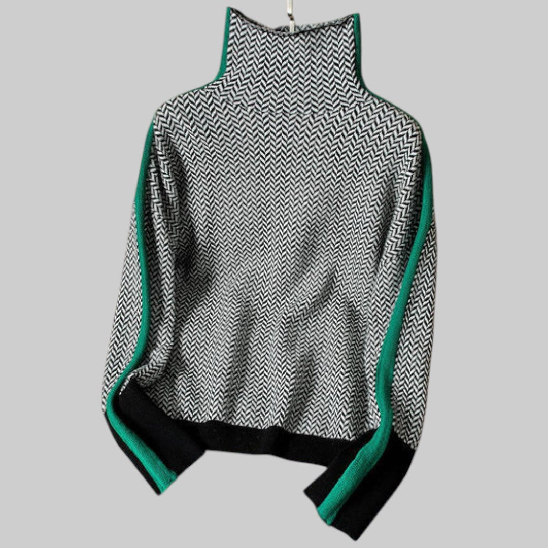 Елена – Стилен пуловер с висока яка и контрастни полоси