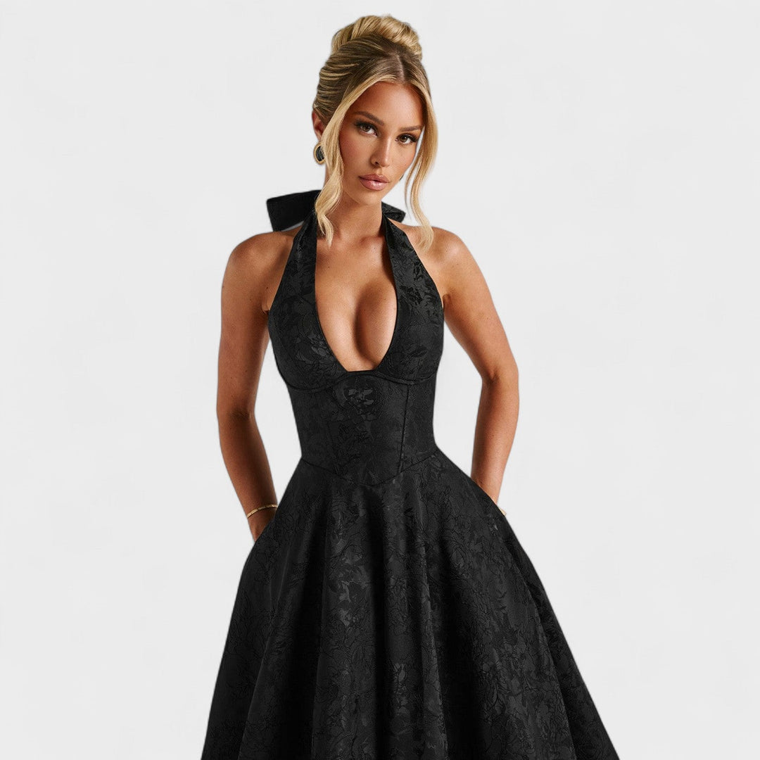 Жулиета – Стилна миди рокля с халтер деколте