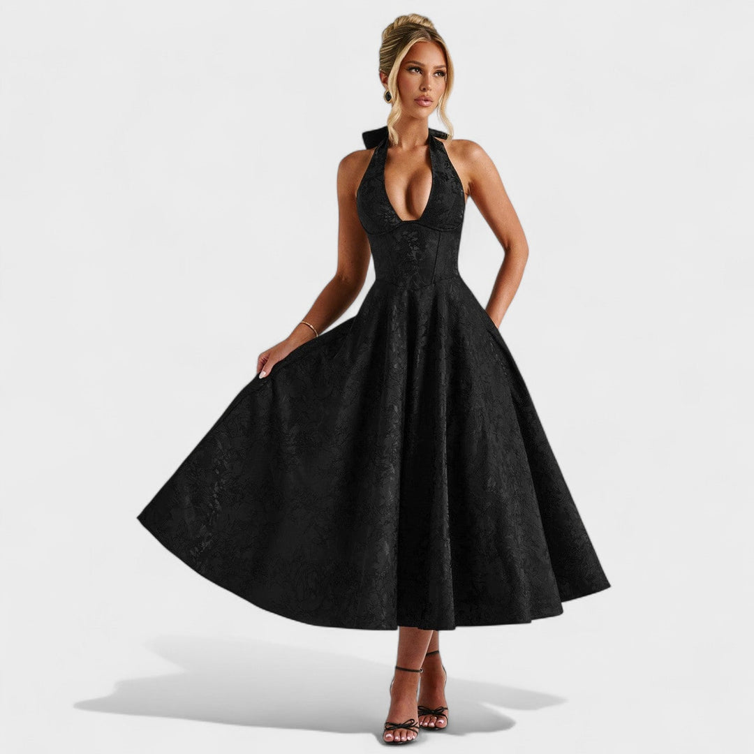 Жулиета – Стилна миди рокля с халтер деколте