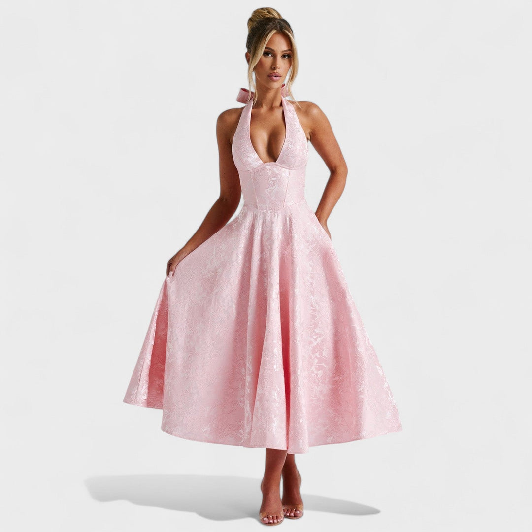 Жулиета – Стилна миди рокля с халтер деколте