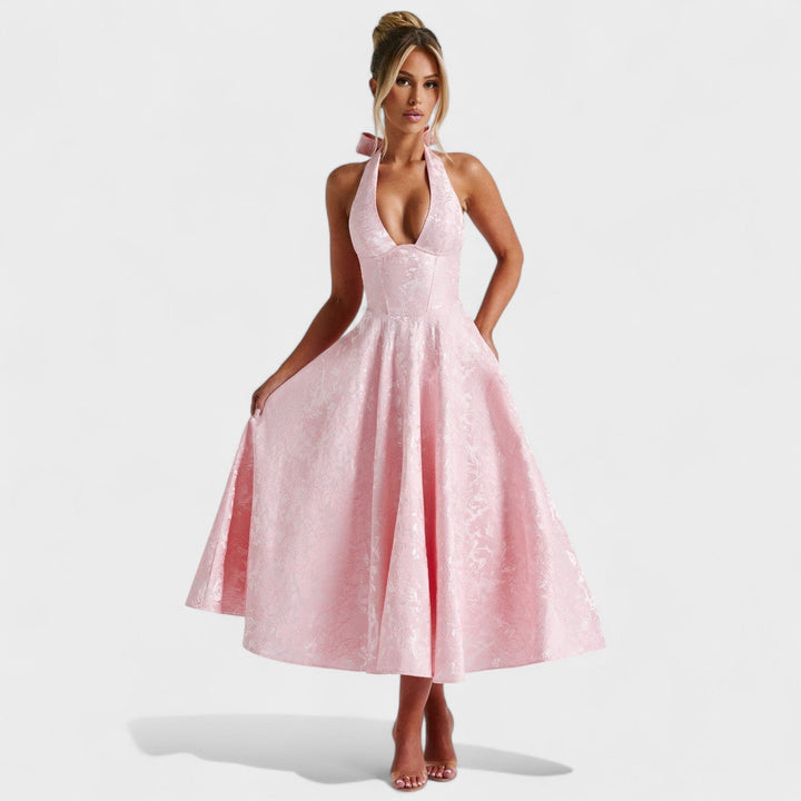 Жулиета – Стилна миди рокля с халтер деколте