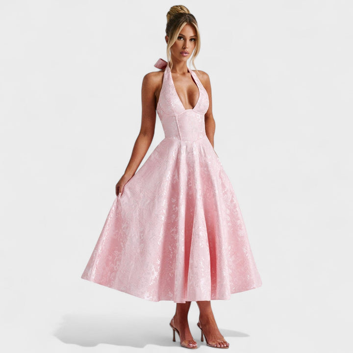 Жулиета – Стилна миди рокля с халтер деколте