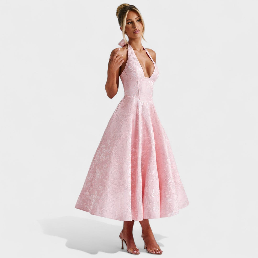 Жулиета – Стилна миди рокля с халтер деколте