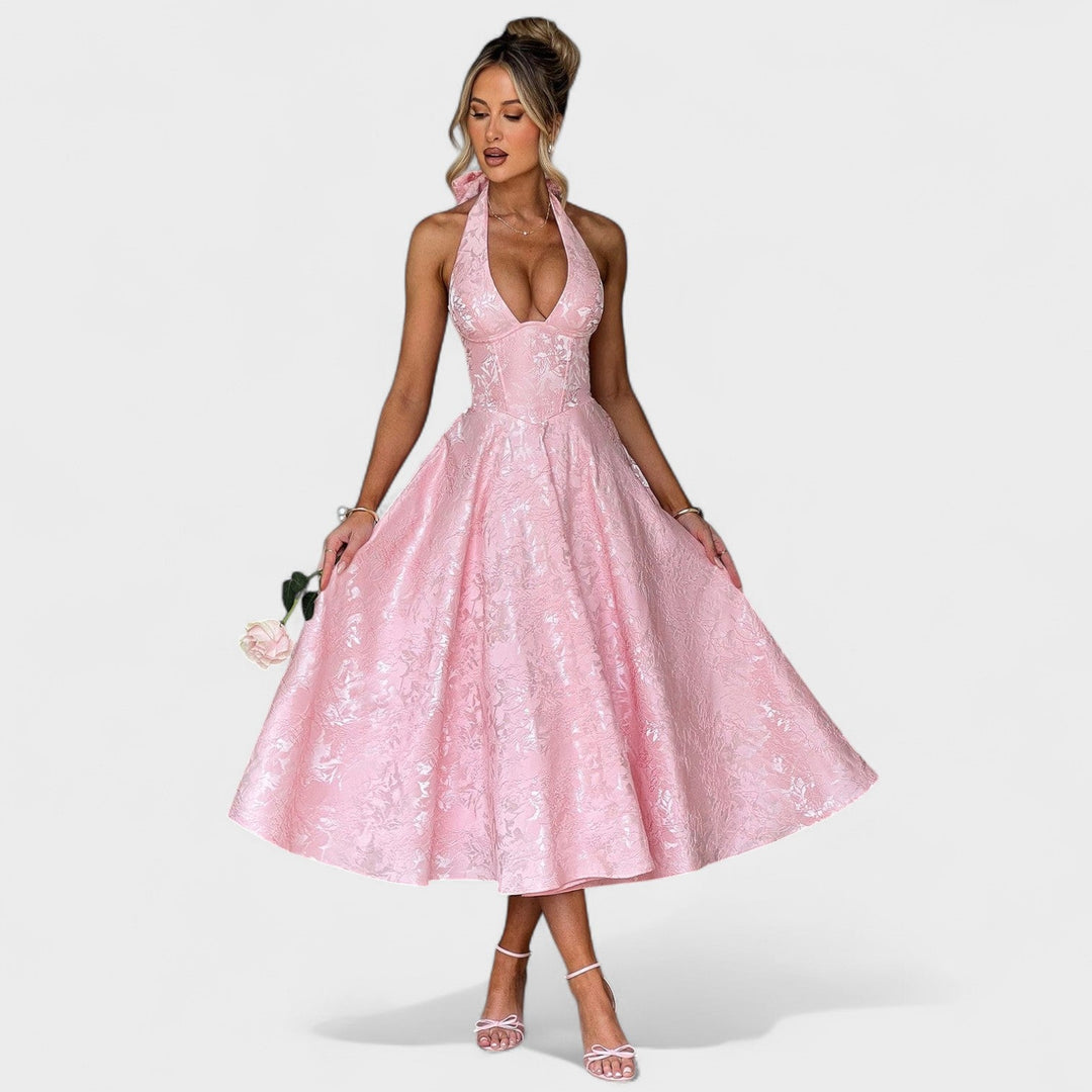 Жулиета – Стилна миди рокля с халтер деколте