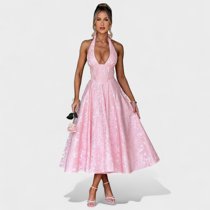 Жулиета – Стилна миди рокля с халтер деколте