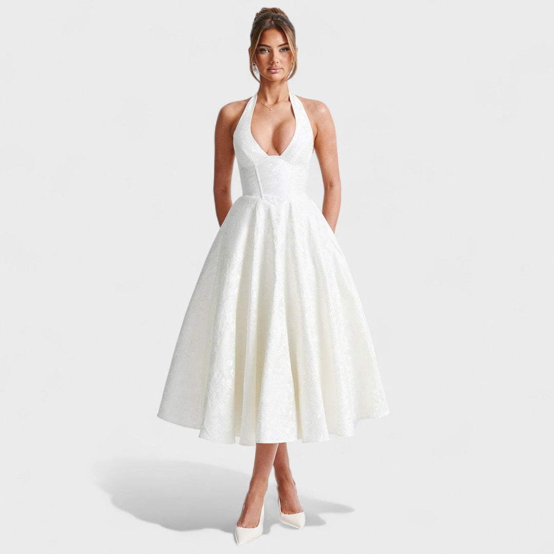 Жулиета – Стилна миди рокля с халтер деколте