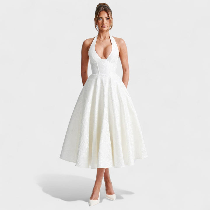 Жулиета – Стилна миди рокля с халтер деколте