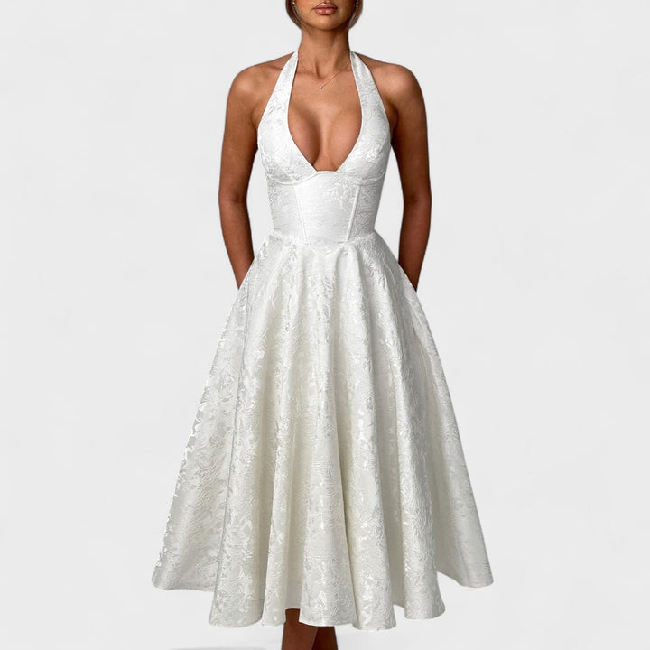 Жулиета – Стилна миди рокля с халтер деколте