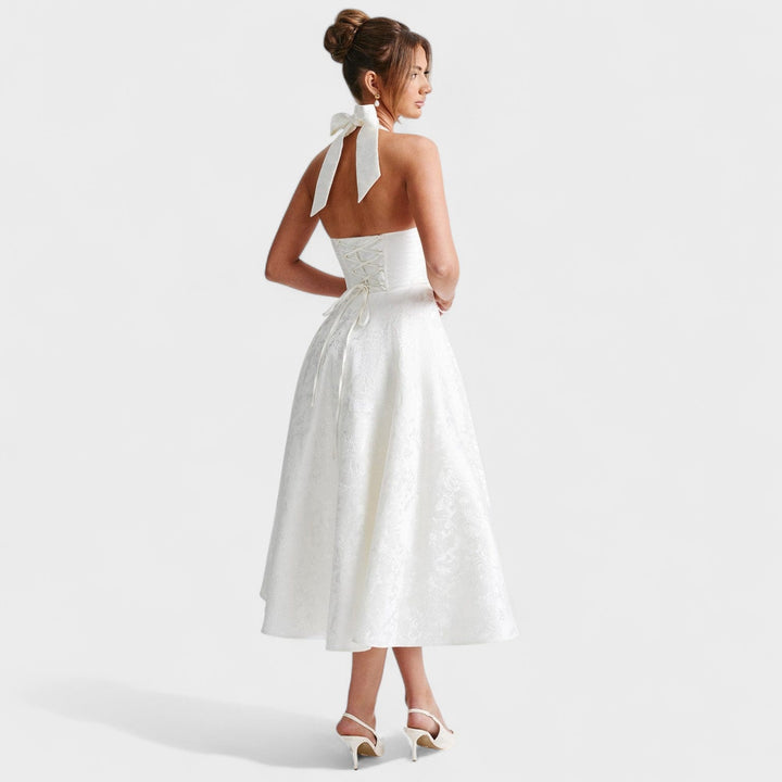 Жулиета – Стилна миди рокля с халтер деколте