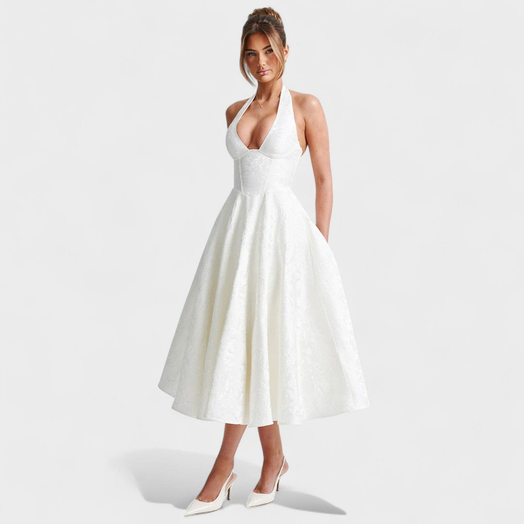 Жулиета – Стилна миди рокля с халтер деколте