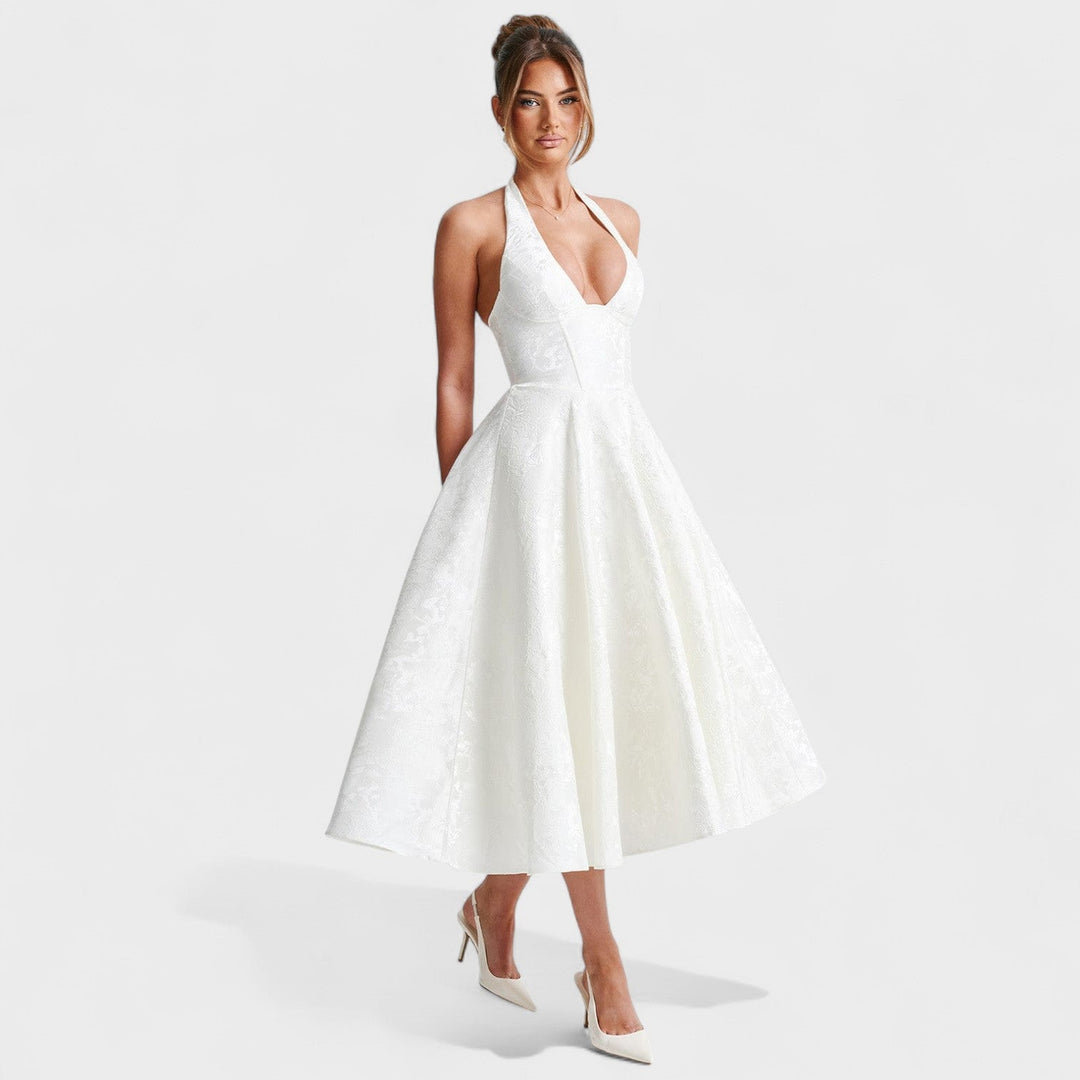 Жулиета – Стилна миди рокля с халтер деколте