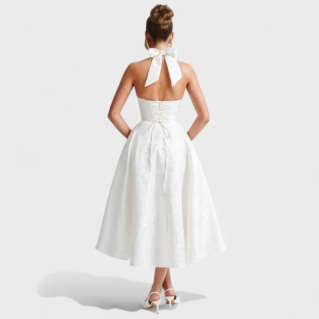 Жулиета – Стилна миди рокля с халтер деколте