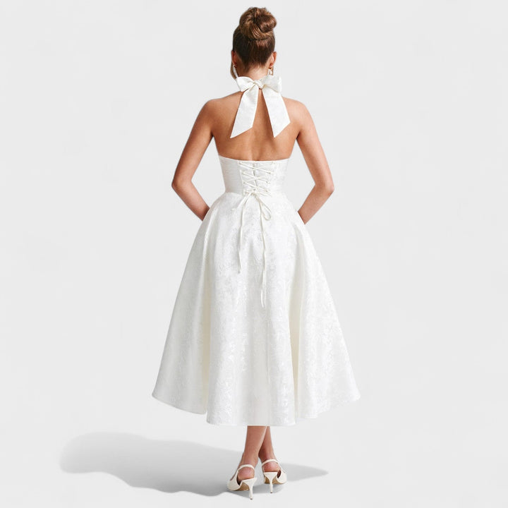 Жулиета – Стилна миди рокля с халтер деколте