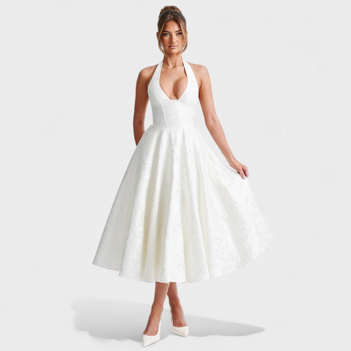 Жулиета – Стилна миди рокля с халтер деколте