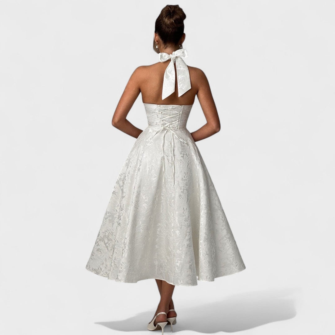 Жулиета – Стилна миди рокля с халтер деколте