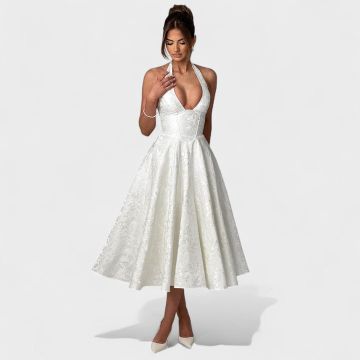 Жулиета – Стилна миди рокля с халтер деколте