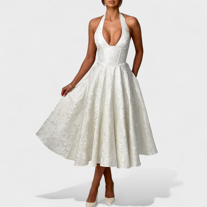 Жулиета – Стилна миди рокля с халтер деколте