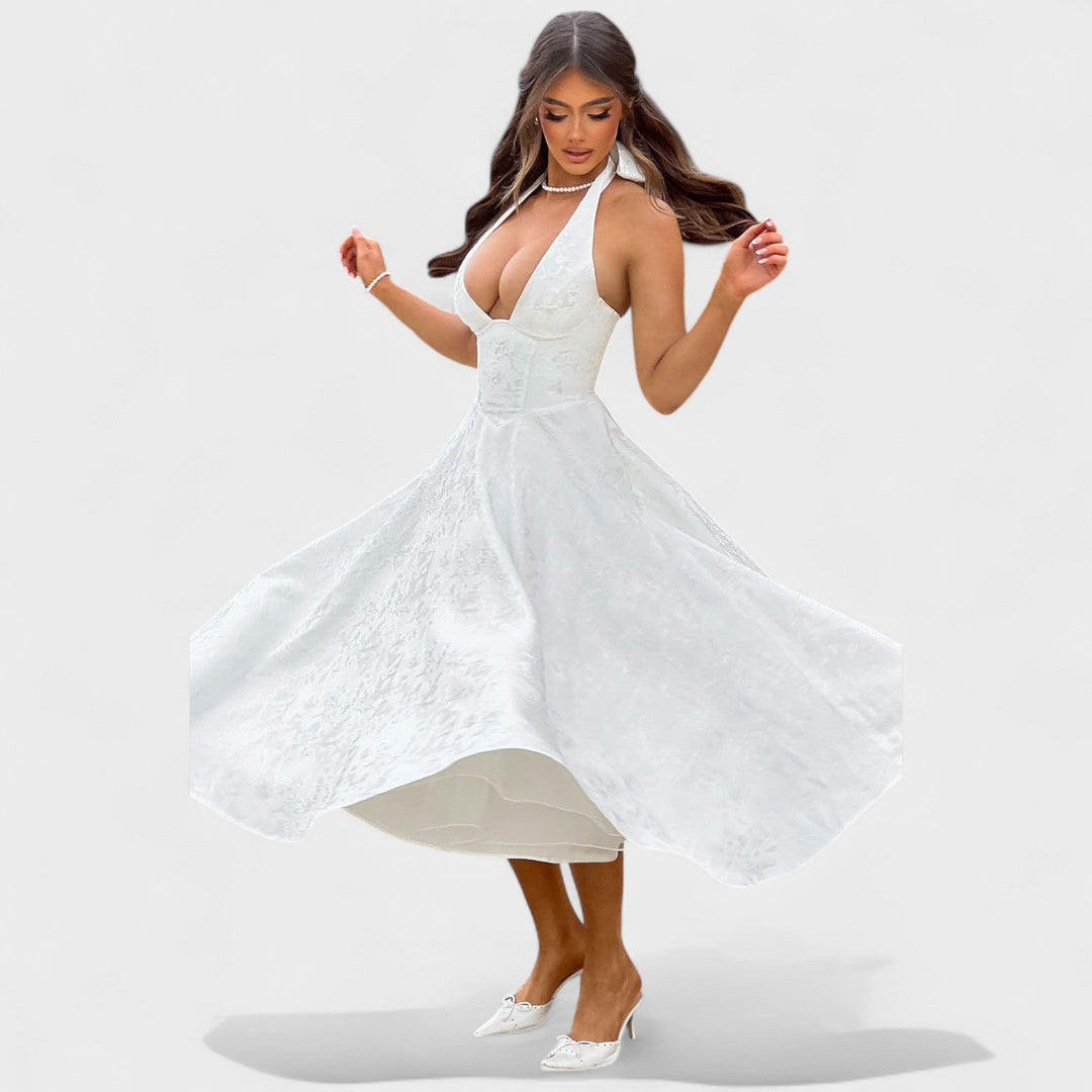 Жулиета – Стилна миди рокля с халтер деколте