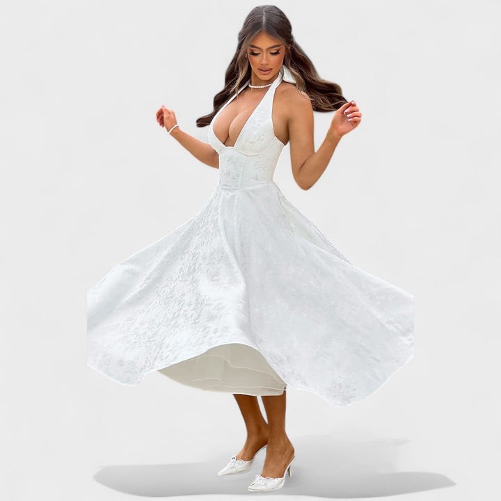 Жулиета – Стилна миди рокля с халтер деколте