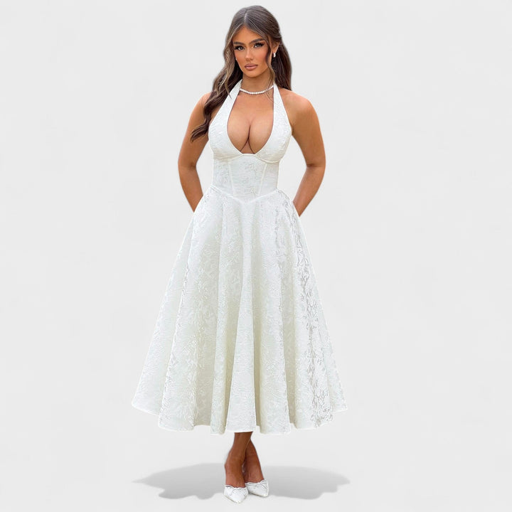 Жулиета – Стилна миди рокля с халтер деколте