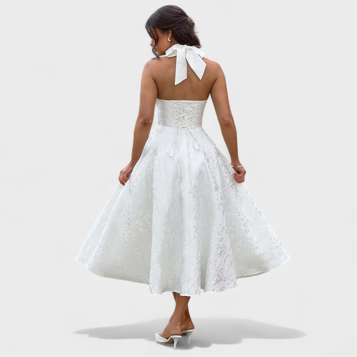 Жулиета – Стилна миди рокля с халтер деколте