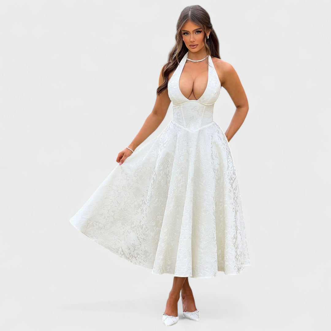 Жулиета – Стилна миди рокля с халтер деколте