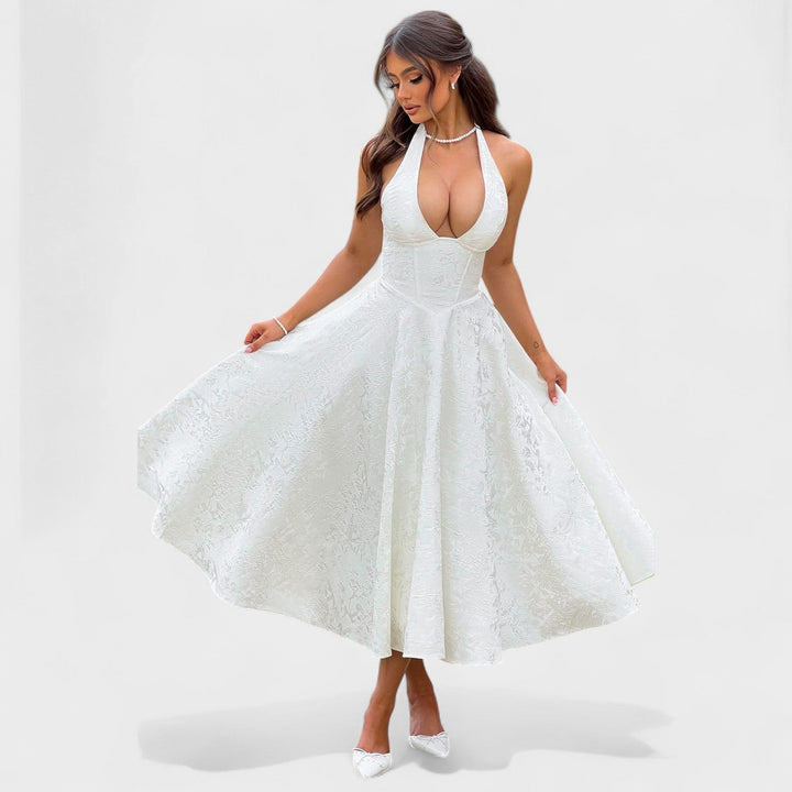 Жулиета – Стилна миди рокля с халтер деколте