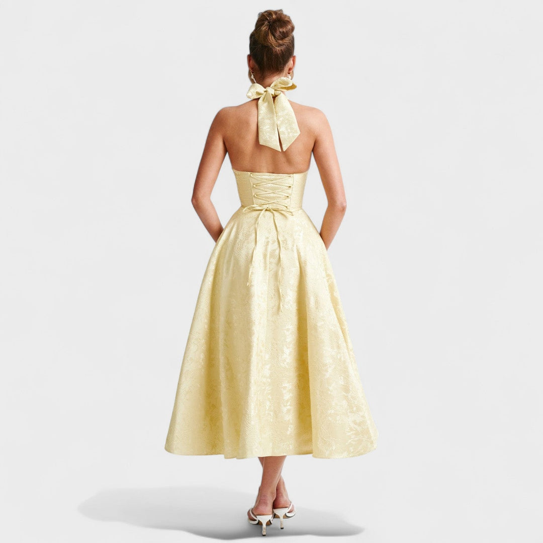 Жулиета – Стилна миди рокля с халтер деколте