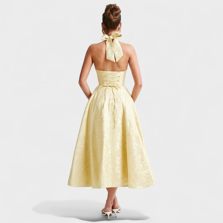 Жулиета – Стилна миди рокля с халтер деколте