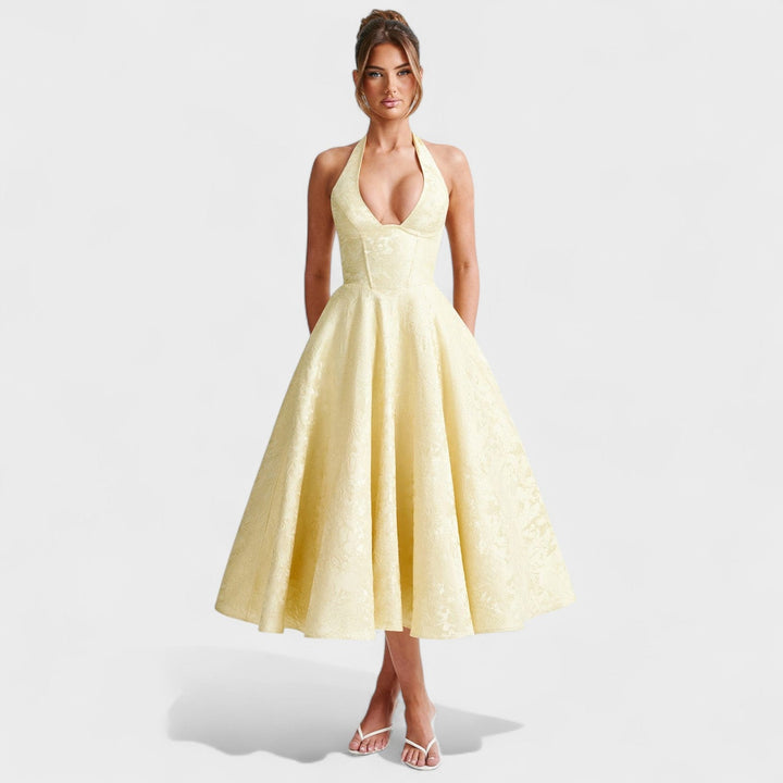 Жулиета – Стилна миди рокля с халтер деколте