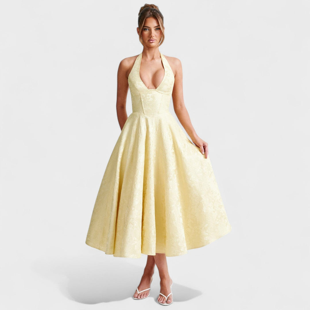 Жулиета – Стилна миди рокля с халтер деколте