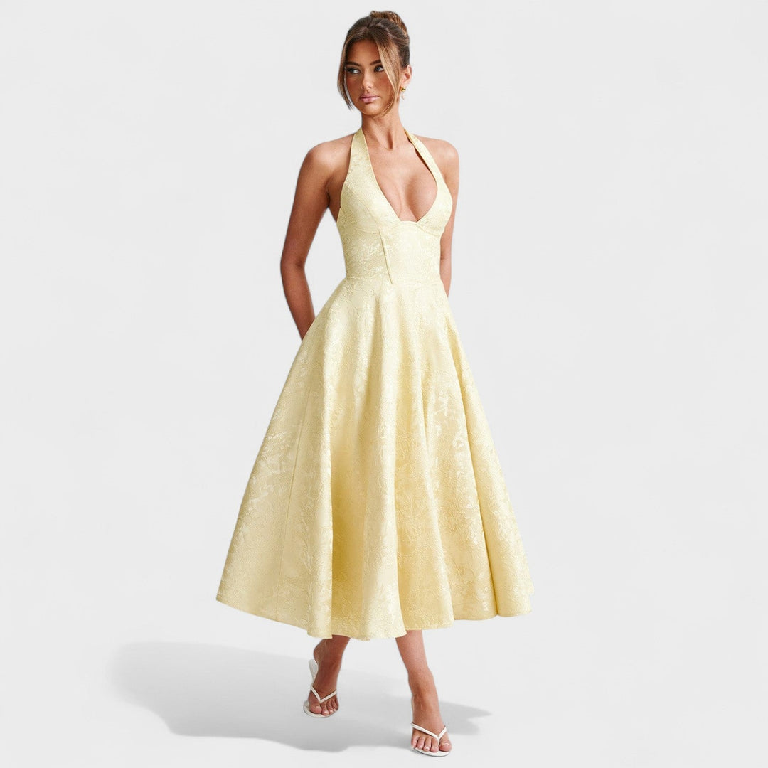 Жулиета – Стилна миди рокля с халтер деколте