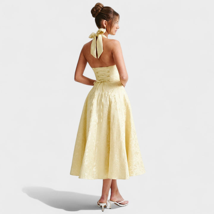 Жулиета – Стилна миди рокля с халтер деколте