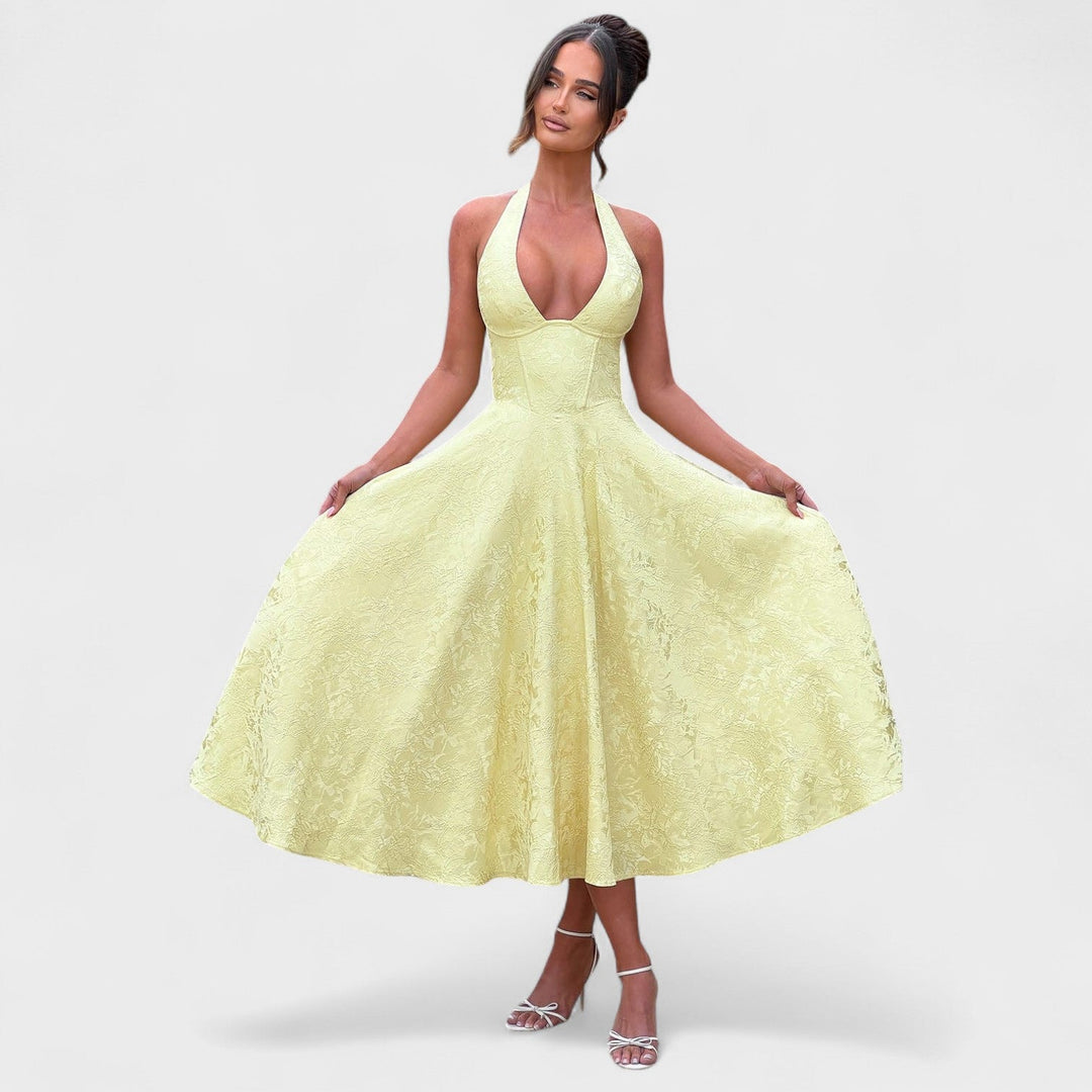 Жулиета – Стилна миди рокля с халтер деколте