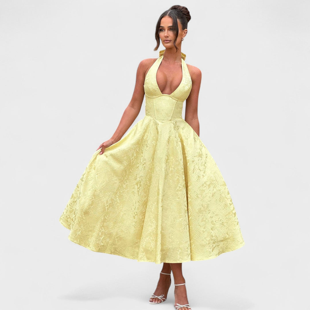 Жулиета – Стилна миди рокля с халтер деколте