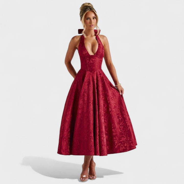 Жулиета – Стилна миди рокля с халтер деколте