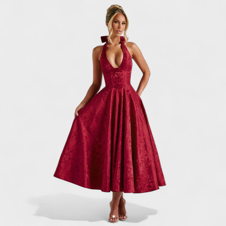 Жулиета – Стилна миди рокля с халтер деколте