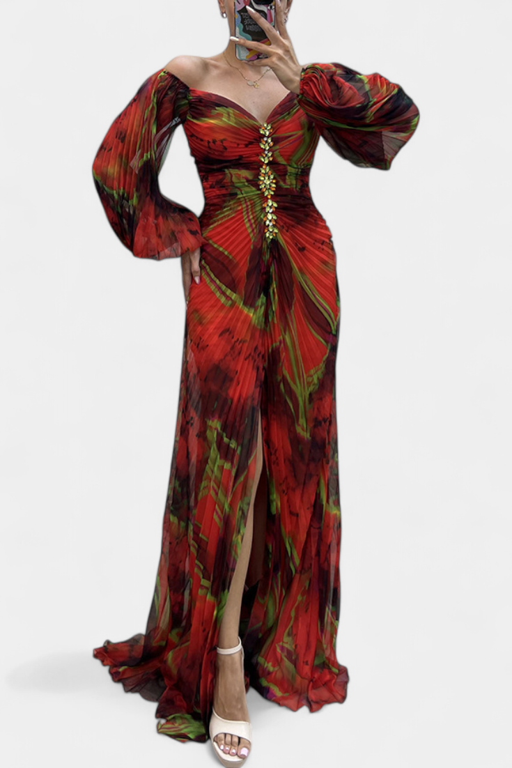 Леона Макси Рокля с Плисиране и Дълги Ръкави за Стилен Вид