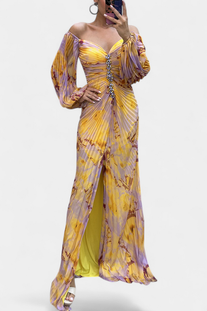 Леона Макси Рокля с Плисиране и Дълги Ръкави за Стилен Вид