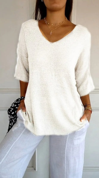 Хана™ | Едноцветна дамска блуза с V-образно деколте и 3/4 ръкави